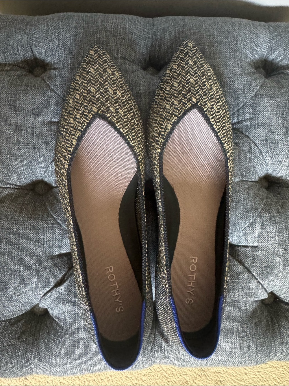 Rothy's Pointed Flats in Black and Gold Herringbone pattern